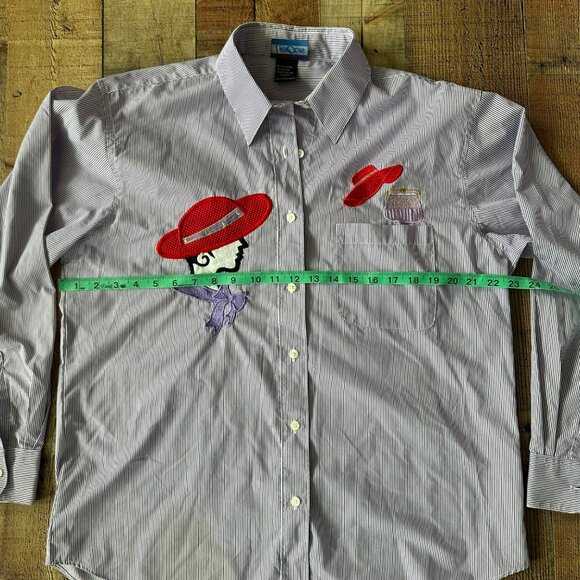 Las Olas Purple Striped Button-Up Shirt With Embroidered Red Hat Lady Design - Picture 3 of 9